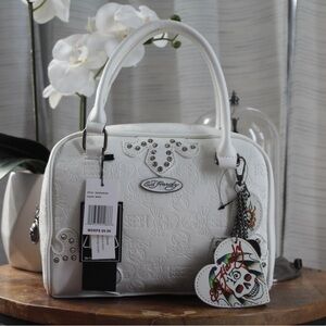 Ed Hardy Y2K White Skull Embossed Mini Satchel Purse NWT Studded Charm Bag